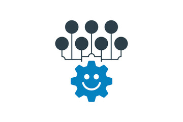 Joyful blue gear with a smiling face connects to multiple circular nodes, symbolizing efficiency and happy operations.
