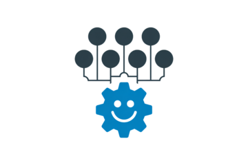 Joyful blue gear with a smiling face connects to multiple circular nodes, symbolizing efficiency and happy operations.