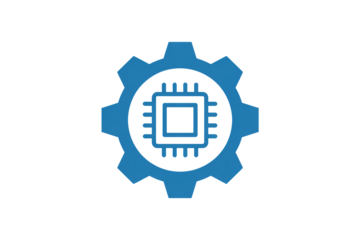Modern blue gear icon with integrated circuit chip symbolizing technology, innovation, and engineering solutions for future development