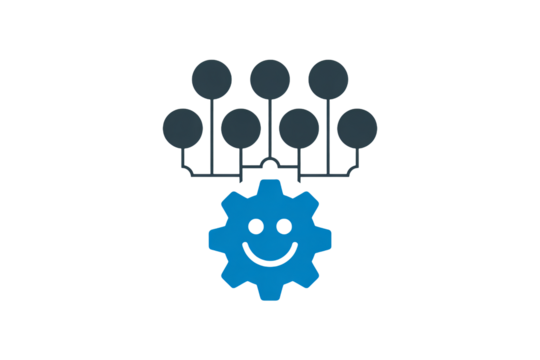 Joyful blue gear with a smiling face connects to multiple circular nodes, symbolizing efficiency and happy operations.