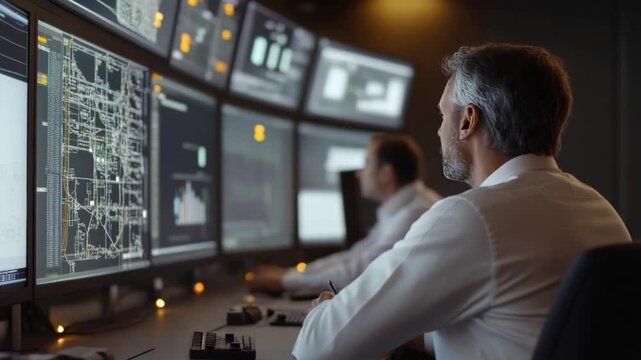 Tech Fortress: Professionals vigilantly monitor data on multiple screens in a dimly lit control room, immersed in technological insights and data. 