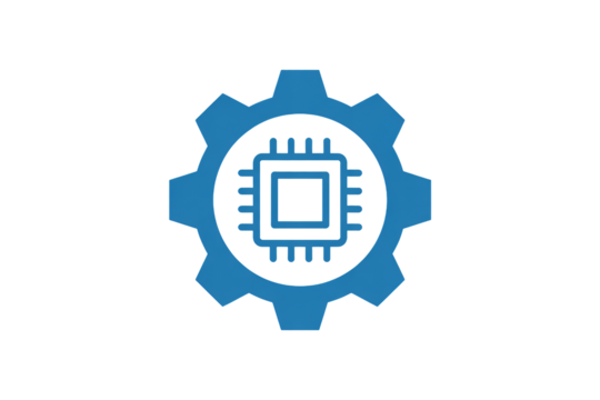 Modern blue gear icon with integrated circuit chip symbolizing technology, innovation, and engineering solutions for future development