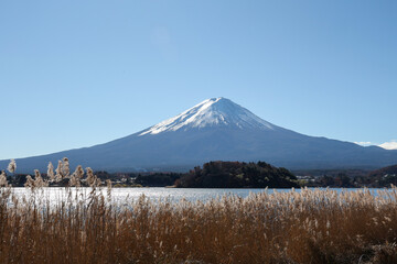 View of landscape fuji mountain in winter at Lake Kawaguchi