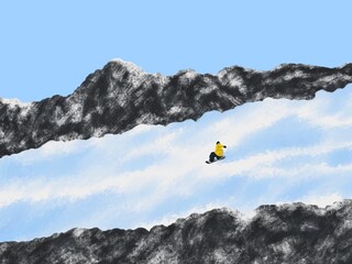 Obraz premium A snowboarder racing through snowy mountains