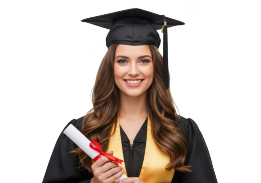A smiling young woman wearing a graduation cap and gown holding a diploma isolated on transparent background - Powered by Adobe