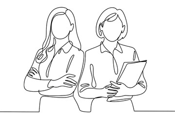 Two professional women collaborating with confidence and a tablet, embodying modern teamwork and corporate success in a clean, minimalist style.
