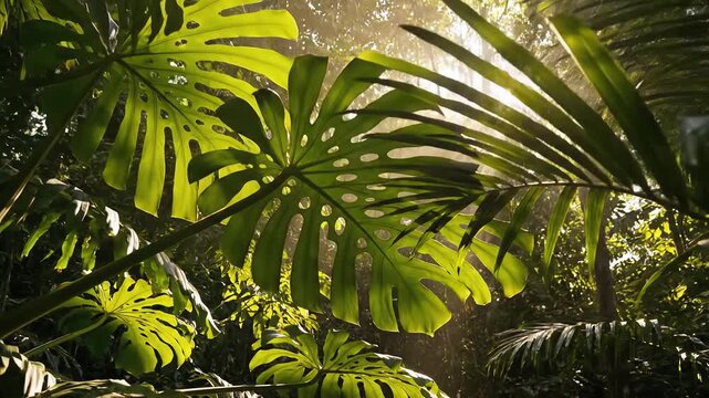 Lush Green Monstera Deliciosa Leaves in Morning Sunlight.