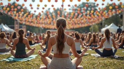 Serene Outdoor Group Yoga and Meditation Session Under Vibrant Festive Lanterns at a Sunny Wellness Event