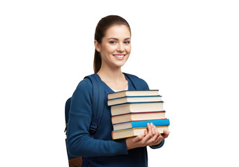 Smiling young woman holding a stack of assorted books in her arms isolated on transparent background