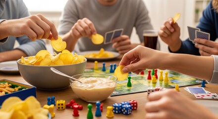 Friends enjoying a fun board game night together, sharing snacks and drinks around a table.