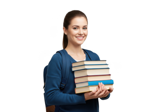 Smiling young woman holding a stack of assorted books in her arms isolated on transparent background