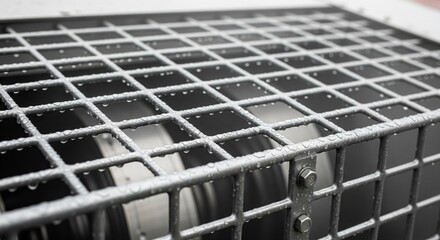 Detailed metal grate with water droplets in an industrial setting.