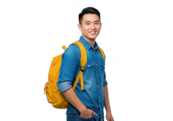 Smiling young asian man with a bright yellow backpack standing confidently with his hand in his pocket isolated on transparent background