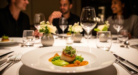 A beautifully plated scallop dish with vibrant vegetables on a white table, with blurred diners enjoying a fine dining experience in the background.