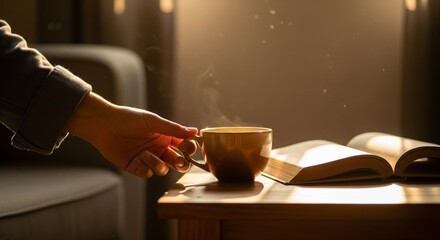 A hand reaching for a steaming cup of coffee or tea next to an open book on a wooden table in a warm, cozy indoor setting.