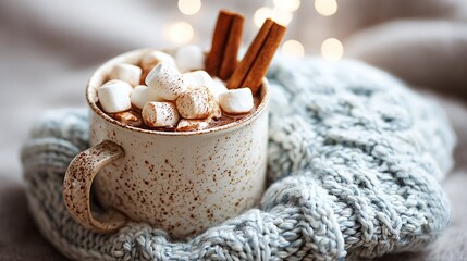 Comforting Cup of Cocoa with Knitted Scarf — Cozy Winter Beverage Scene for Lifestyle Stock Photos