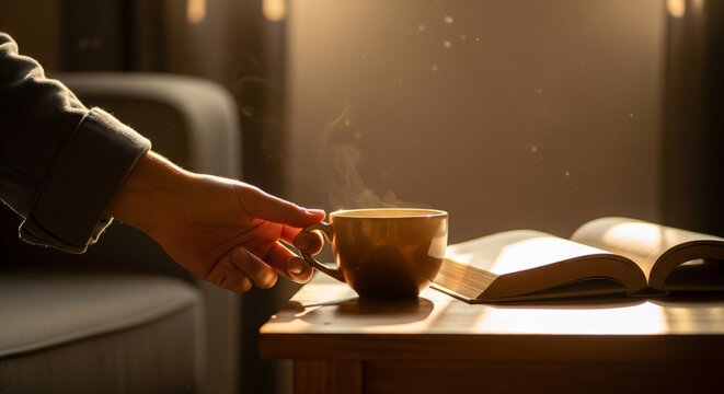 A hand reaching for a steaming cup of coffee or tea next to an open book on a wooden table in a warm, cozy indoor setting.