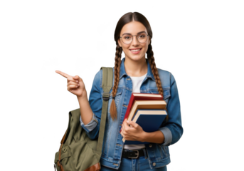 Smiling young woman with glasses and braids holding books and a backpack pointing to the side isolated on transparent background