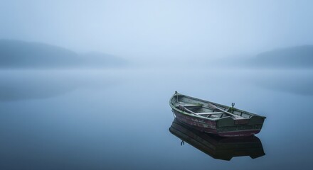 A serene and misty morning scene with an old wooden rowboat floating peacefully on a calm, reflective lake surrounded by hazy hills.