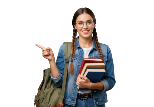 Smiling young woman with glasses and braids holding books and a backpack pointing to the side isolated on transparent background