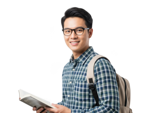 Young asian male student wearing glasses and a plaid shirt holding a book with a backpack isolated on transparent background
