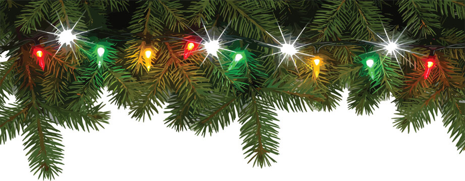 Festive string lights adorning a lush green fir tree branch, evoking a sense of holiday cheer and seasonal celebration