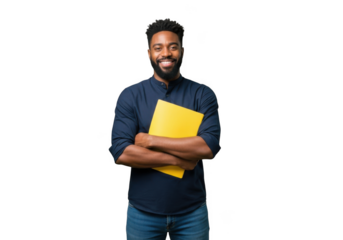Smiling african american man with beard wearing a blue shirt and jeans holding a yellow book isolated on transparent background