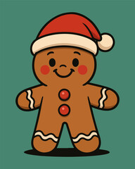 Gingerbread man character with a funny smile and Santa hat holds a gift near a teddy bear during a Christmas holiday celebration