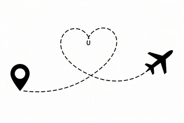 Airplane tracing a dashed heart path from location pin to destination symbolizing love travel and connection