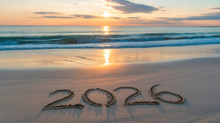 The year 2026 written in the sand on a beach at sunset symbolizing the upcoming new year with ocean waves and a vibrant sky