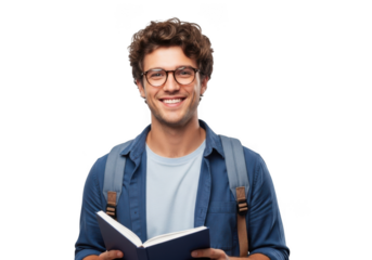 Smiling young man with glasses and backpack holding an open book isolated on transparent background
