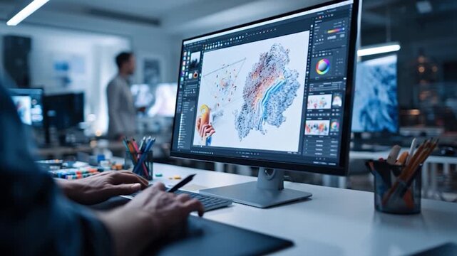 Graphic Designer Working on Digital Art in Modern Office Environment.
