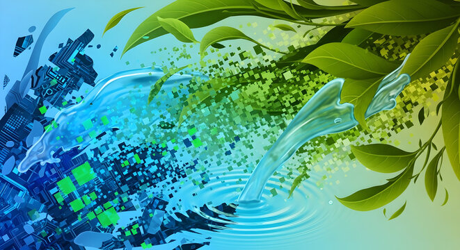 Nature and Technology Fusion Abstract Background with Water Splash and Digital Elements