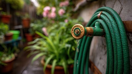 Close-up of a green garden hose with brass nozzle.