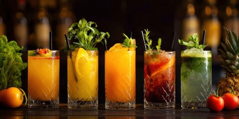 Colorful and Refreshing Cocktails Lined Up on a Bar Counter.