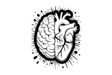 Striking abstract art merges detailed human brain and heart symbolism with radiating energy for a thought-provoking visual statement.