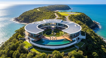A luxurious circular mansion with a pool on a scenic coastal peninsula overlooking the ocean under a clear sky.