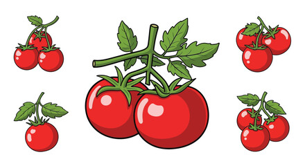 A colorful illustration depicting several ripe red tomatoes with green stems