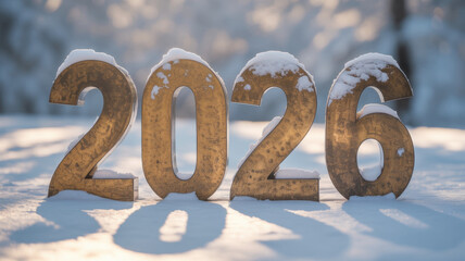 Golden 2026 numbers on snow representing the upcoming year a seasonal winter concept for calendars and new year celebrations