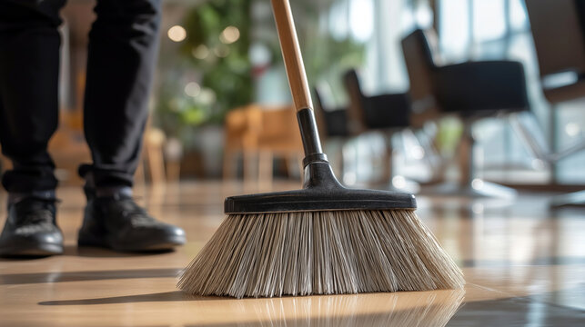 Hairdresser sweeping floor after haircut, cleanliness and professionalism concept