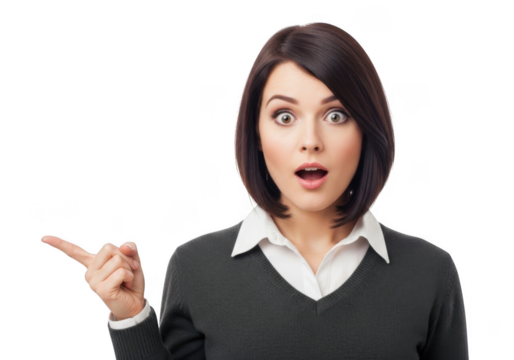 Young woman with wide eyes and open mouth pointing to the left with surprise isolated on transparent background