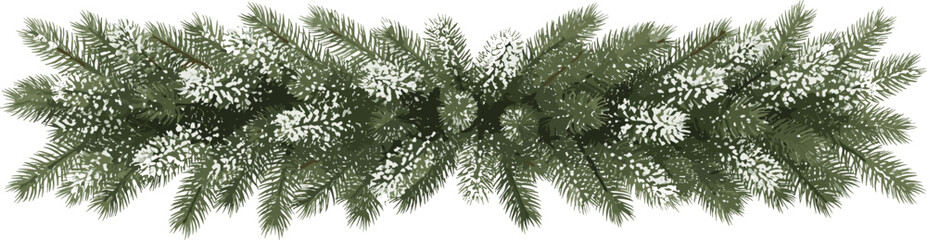 Realistic frosted winter pine garland with snow, a long festive holiday border for Christmas or New Year celebration and seasonal design