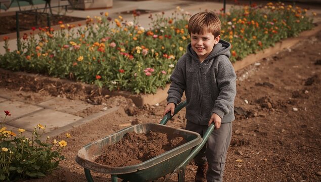 Child Enjoys Gardening While Pushing Wheelbarrow Filled With Soil in Sunny Flower Garden