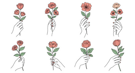 Delicate hands holding blooming roses in a simple line art illustration