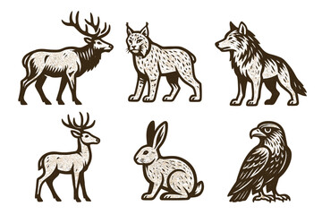 Wildlife silhouette art featuring deer, lynx, wolf, rabbit, and eagle