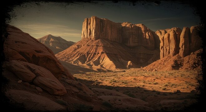 Distressed western scene blending rugged canyons and arid terrain with rough, faded textures and dramatic shadows ,distressed ,texture ,arid