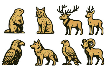 Obraz premium Woodland wildlife animals in vintage style: lynx, deer, eagle, and more