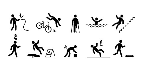 Accident pictogram man icon. Slipping fall, bike accedent, electric shock pictogram sign set. Warning, danger icon stick man vector illustration.