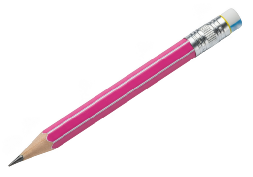 A vibrant pink wooden graphite writing instrument with a white eraser and decorative pattern isolated on transparent background