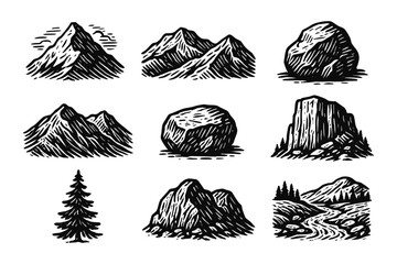 Naklejka premium Hand drawn mountain and landscape elements for nature designs